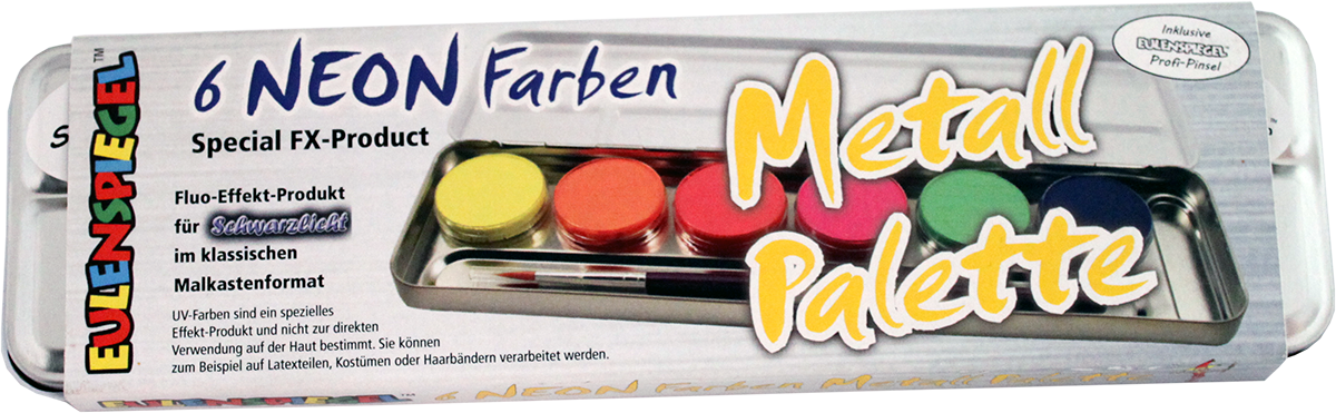 6 Farben Metall-Palette - Neon rot,grün,blau,gelb,orange,pink + 1 Pinsel