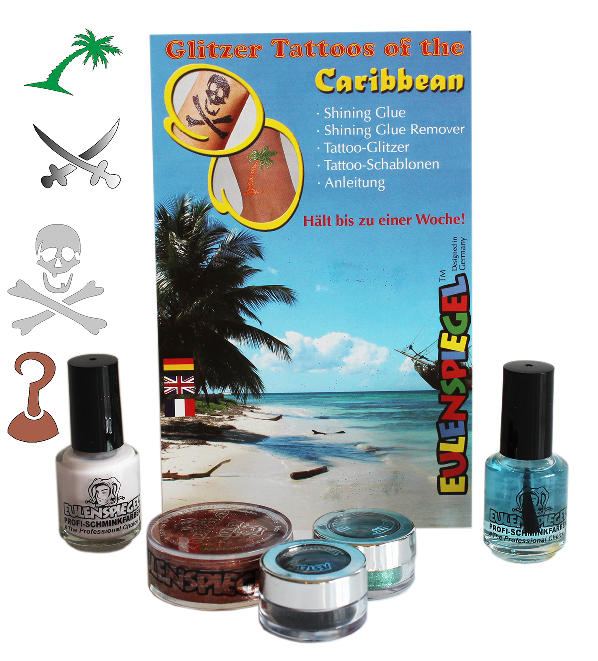 Glitzer Tattoo-Set Caribbean Shining Glue, Remover, Glitzer, Schablonen