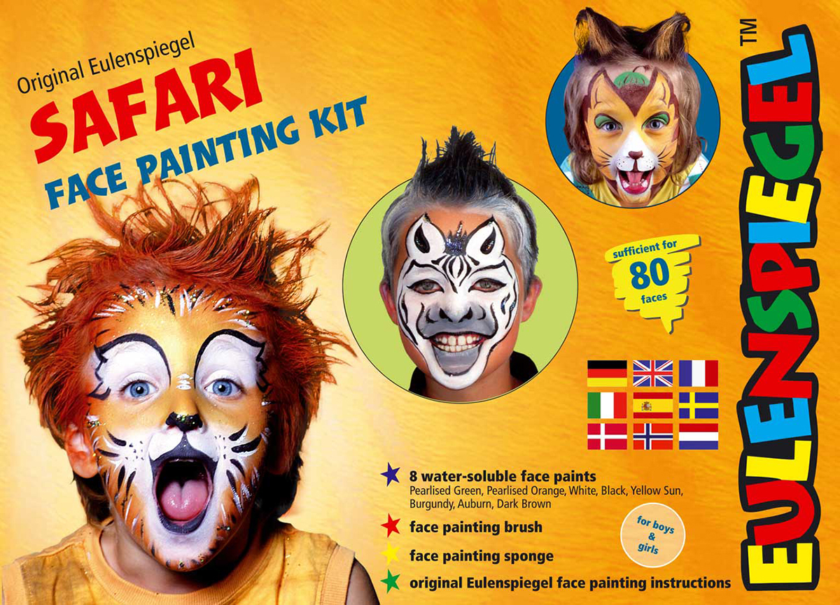 Safari Face Painting Kit 8 Colors, Brush & Instruction