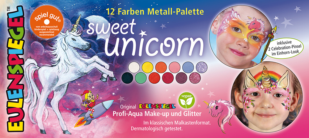 sweet unicorn - 12 Farben Metall-Palette 10 Farben, 2 Glitzer & 2 Profi-Pinsel