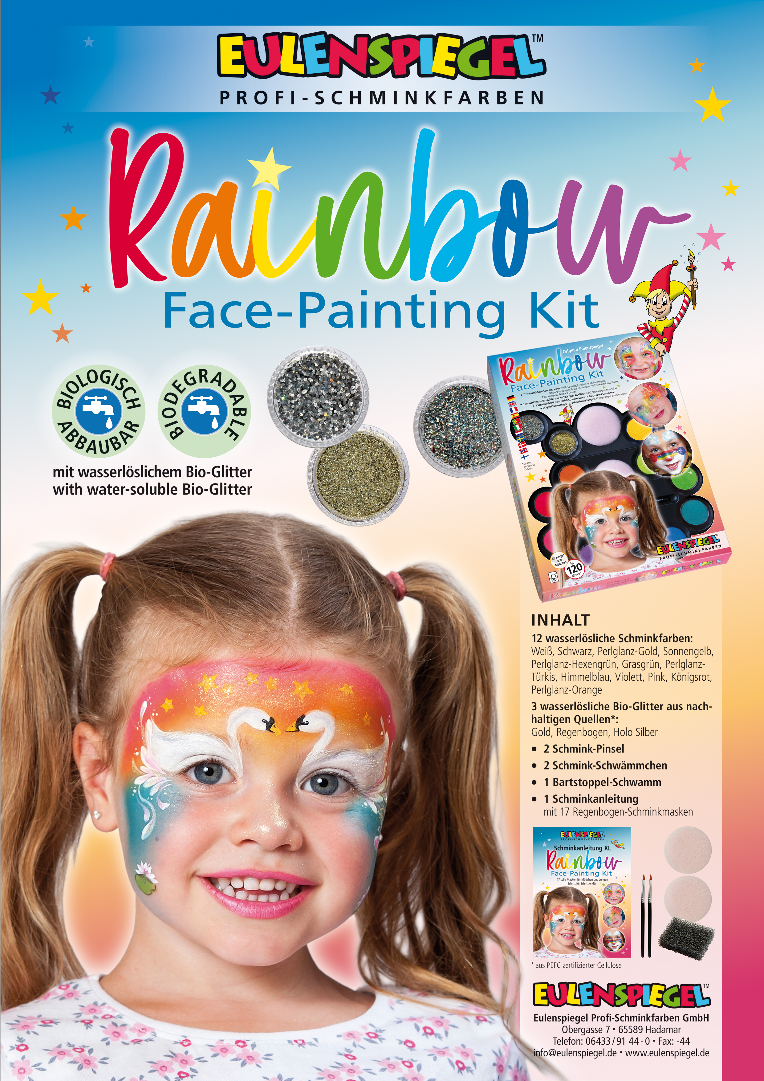 Rainbow Face Painting Kit 12 Farben, 3 Glitzer, Schwamm, Pinsel u. Anleitung