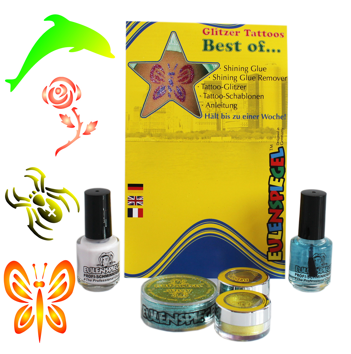 Glitzer Tattoo-Set Best of Shining Glue, Remover, Glitzer, Schablonen