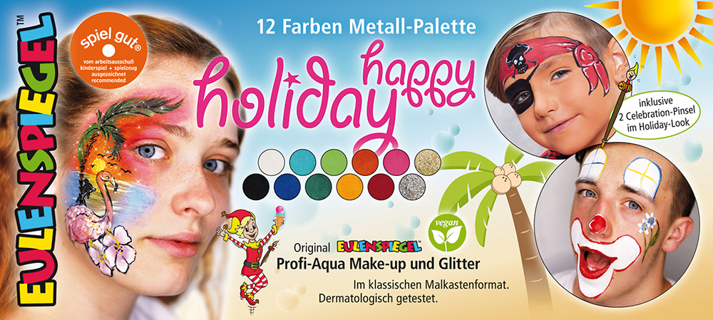 happy holiday - 12 Farben Metall-Palette 10 Farben, 2 Glitzer & 2 Profi-Pinsel