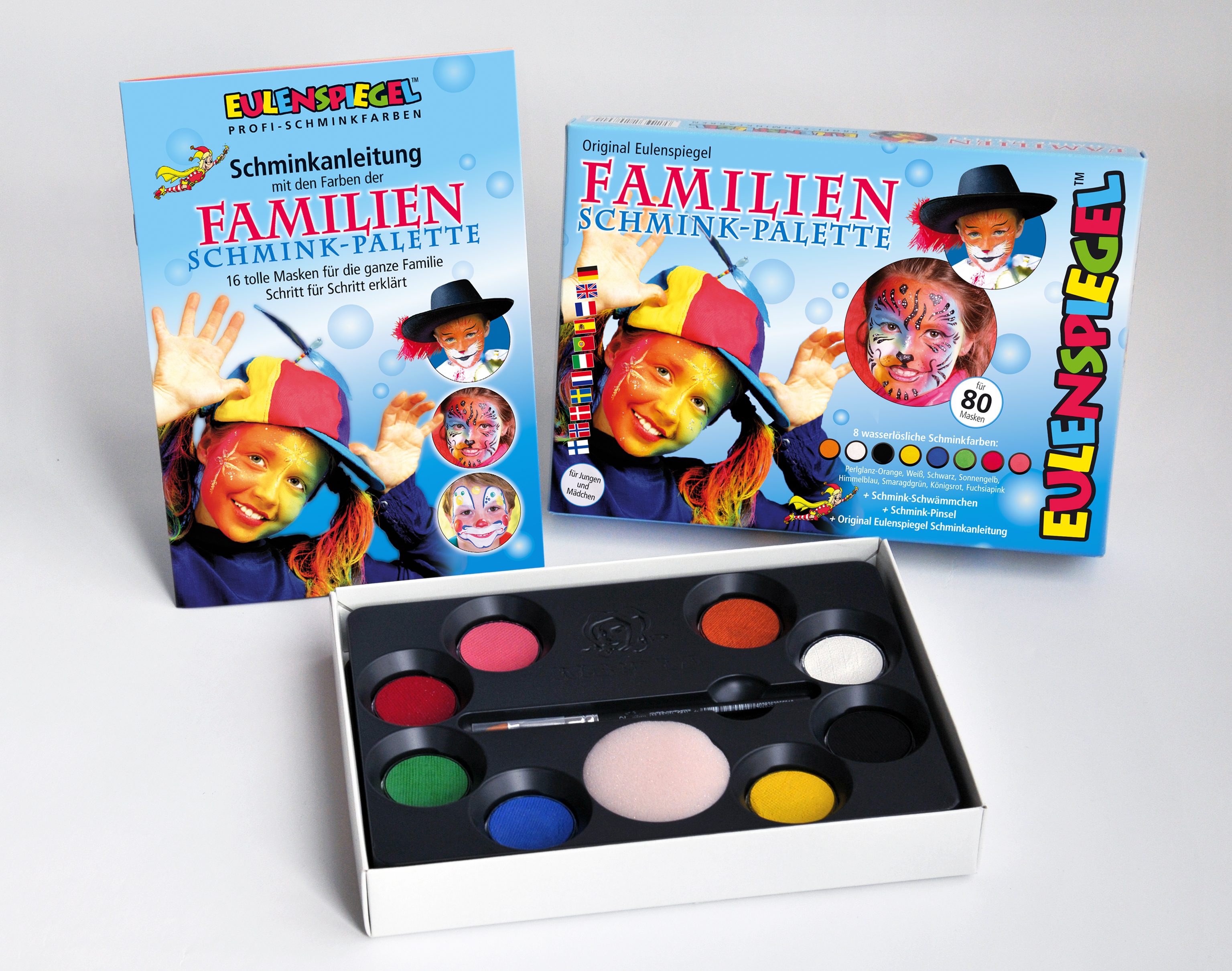 Familien Schmink-Palette 8 Farben, Pinsel u. Anleitung mit 16 Masken