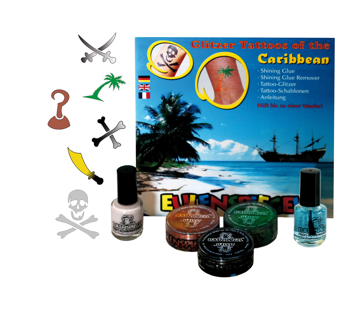 Glitzer Tattoo-Set- of the Caribbean (XL) Shining Glue, Remover, Glitzer, Schablonen