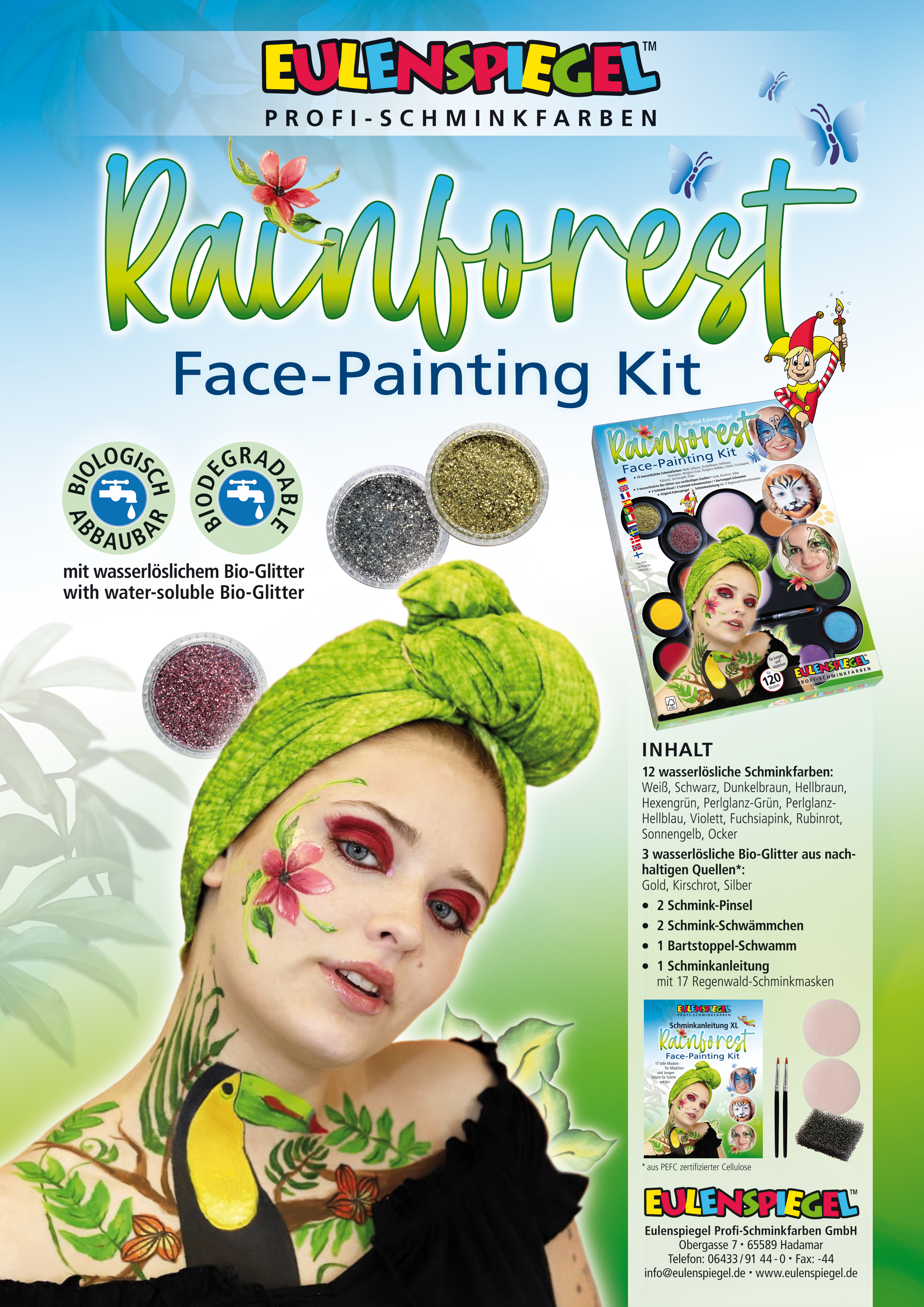 Rainforest Face Painting Kit 12 Farben, 3 Glitzer, Schwamm, Pinsel u. Anleitung