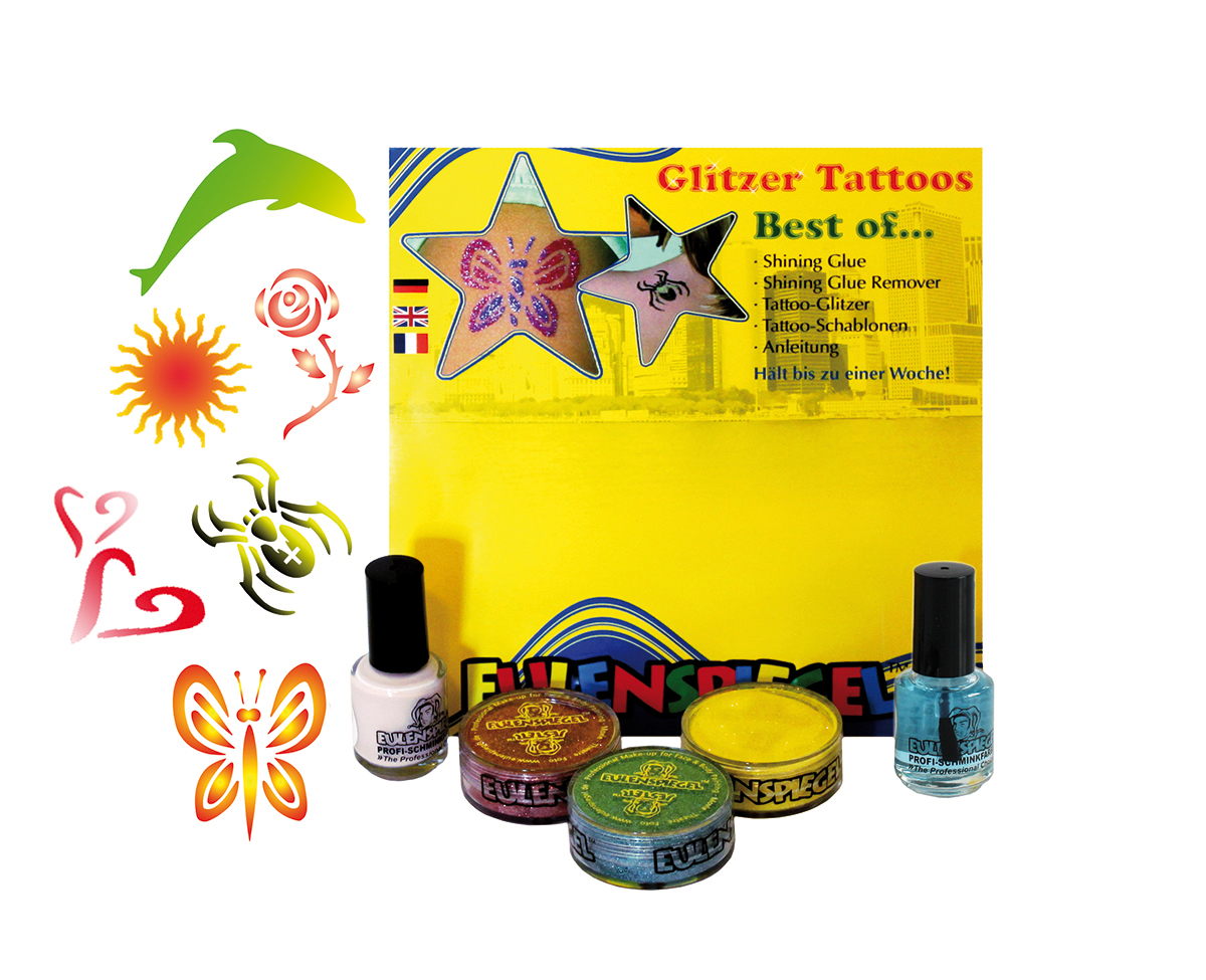 Glitzer Tattoo-Set - Best of (XL) Shining Glue, Remover, Glitzer, Schablonen