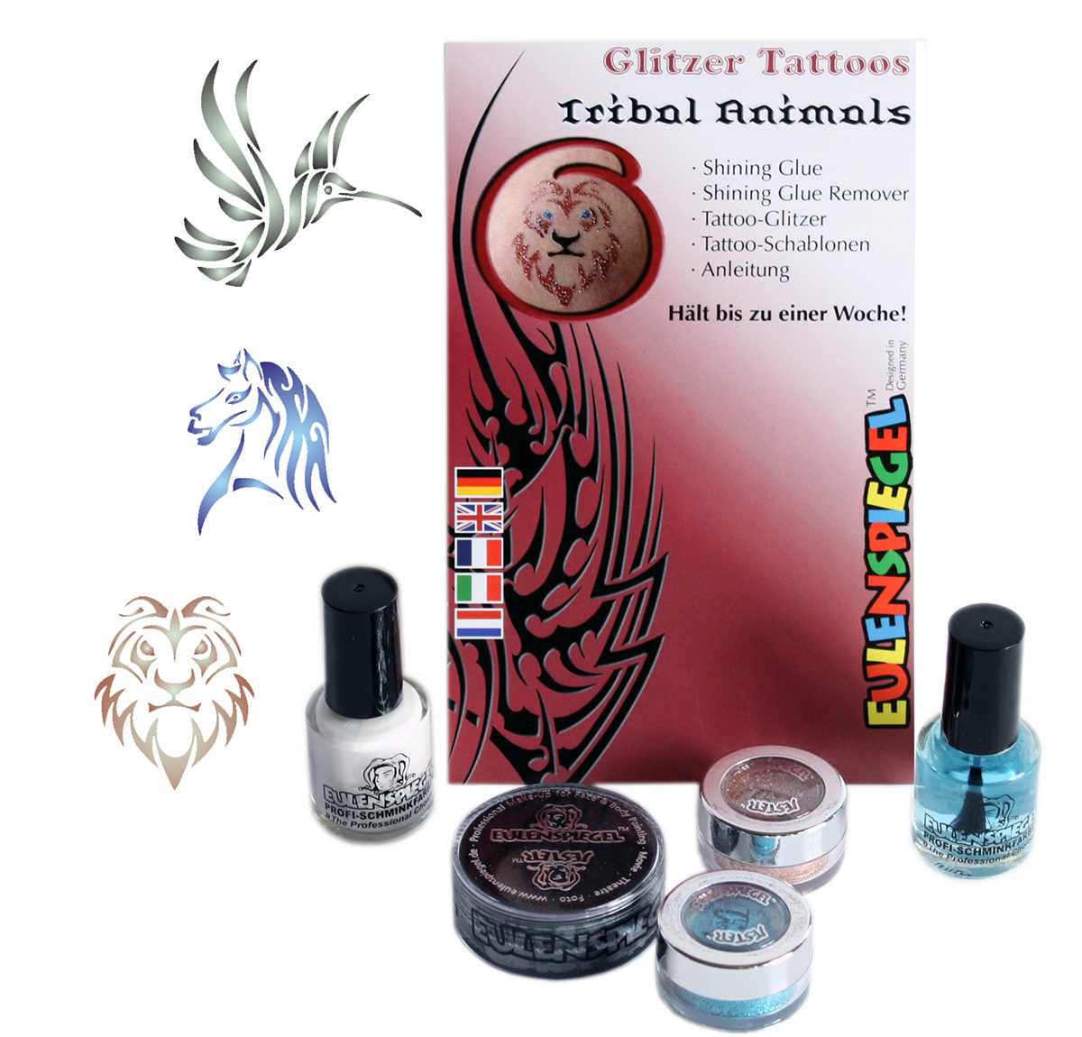 Glitzer Tattoo-Set Tribal Animals Shining Glue, Remover, Glitzer, Schablonen