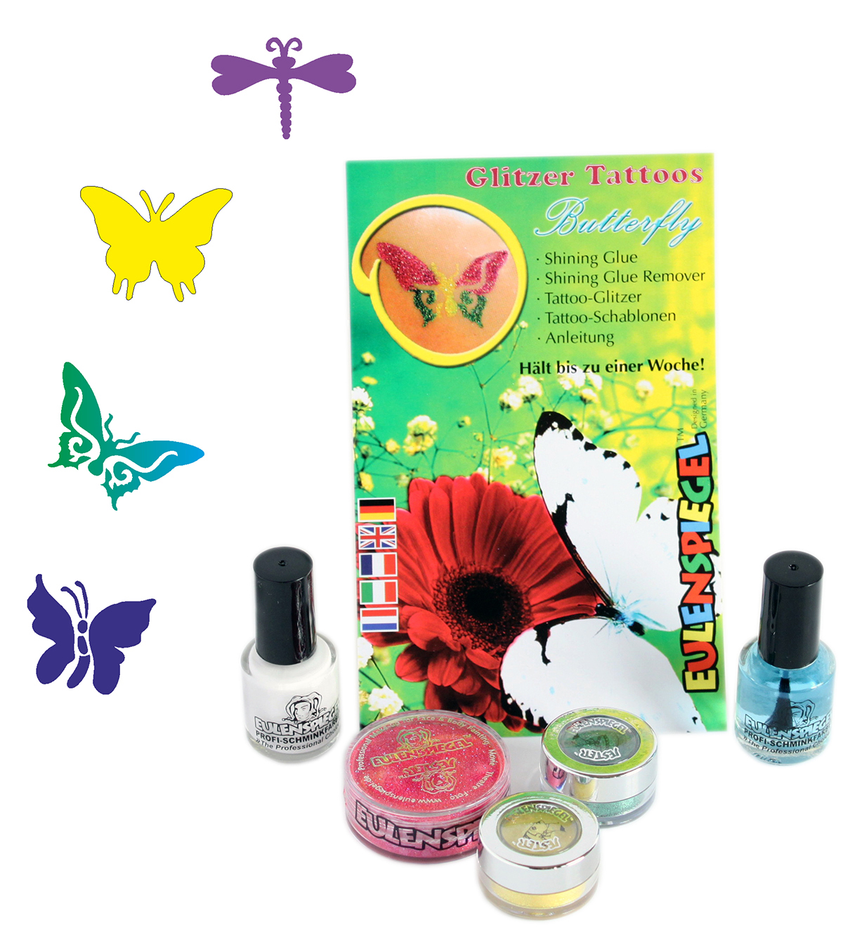 Glitzer Tattoo-Set Butterfly Shining Glue, Remover, Glitzer, Schablonen