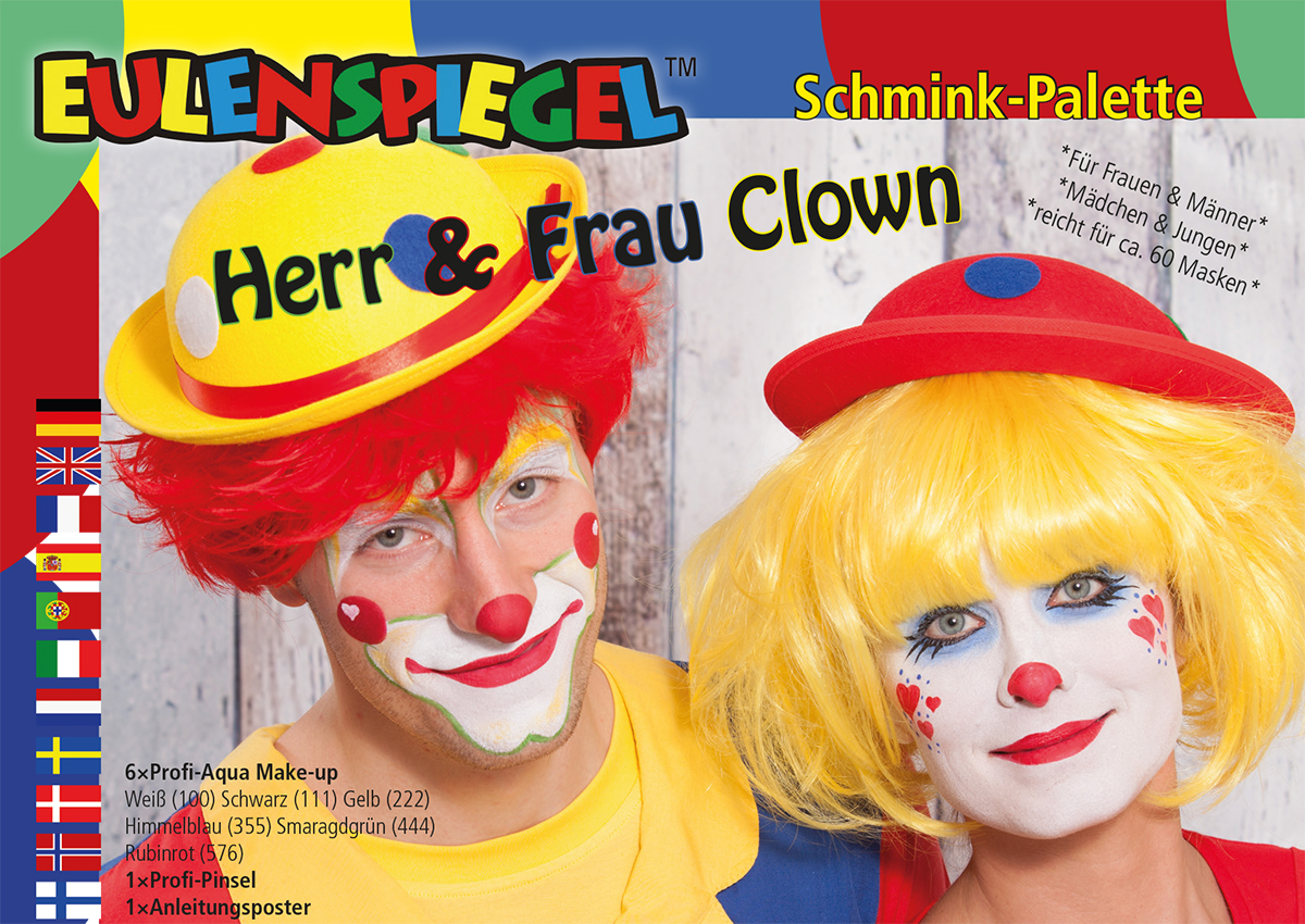 Herr & Frau Clown - Schminkpalette mit Anleitung 6 Farben, Pinsel und Anleitung