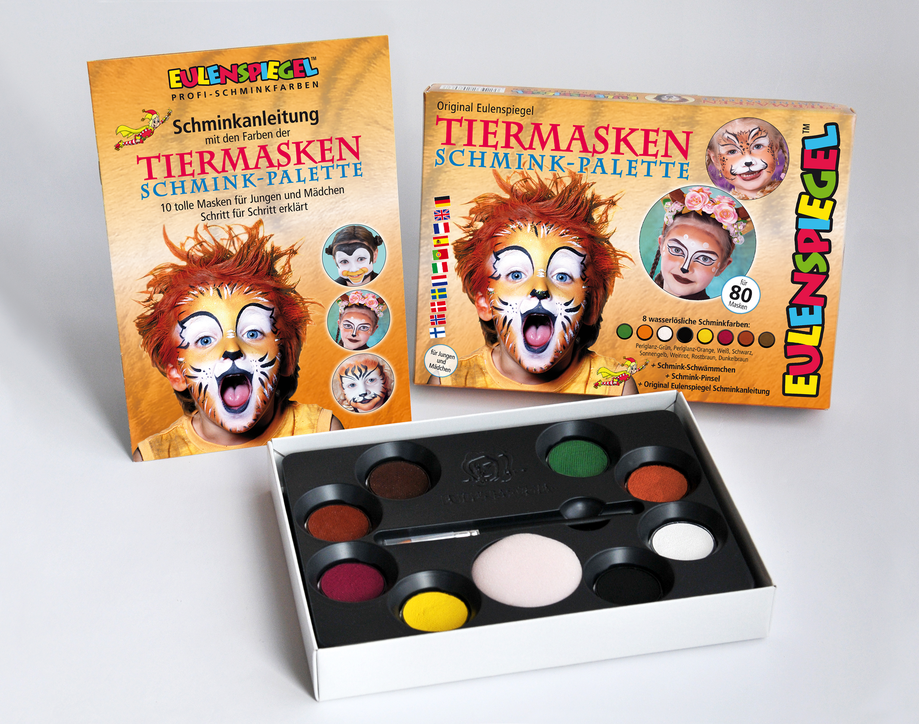Tiermasken Schmink-Palette 8 Farben, Pinsel u. Anleitung mit 16 Masken